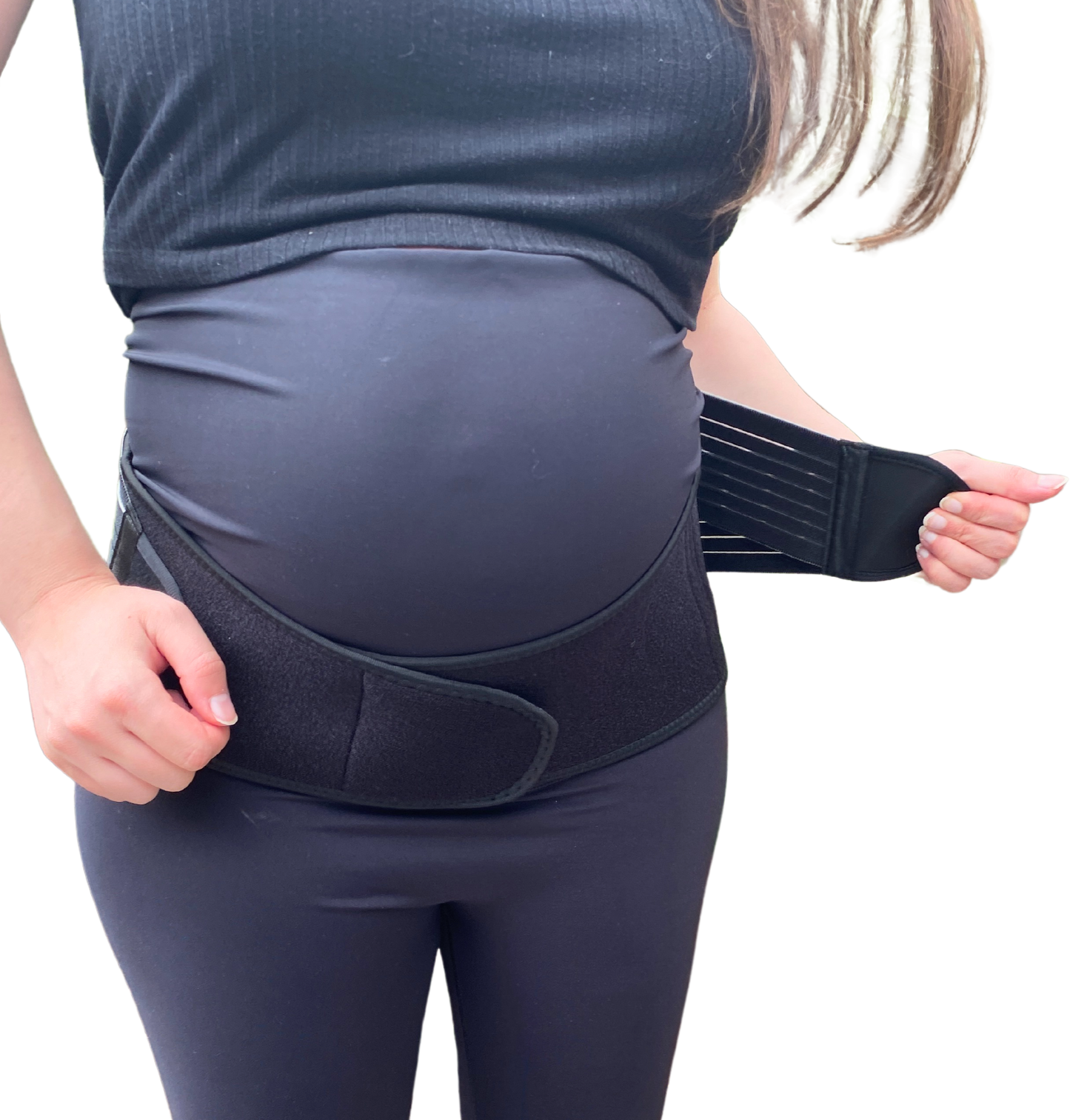 Pregnant woman putting on pregnancy pelvic belt for pelvic girdle pain